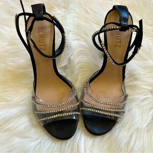 Schutz Sandal Heels Rowenah Black Crystal Embellishment Size 7.5 Rhinestone
